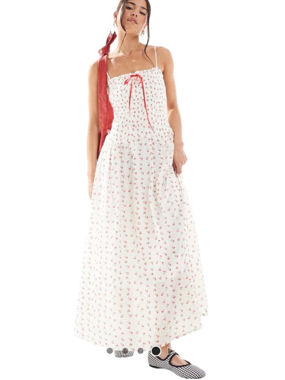 🍒 ASOS Daisy Street Smocked White Maxi Dress with Red Floral Print 🍒 - Picture 3 of 8